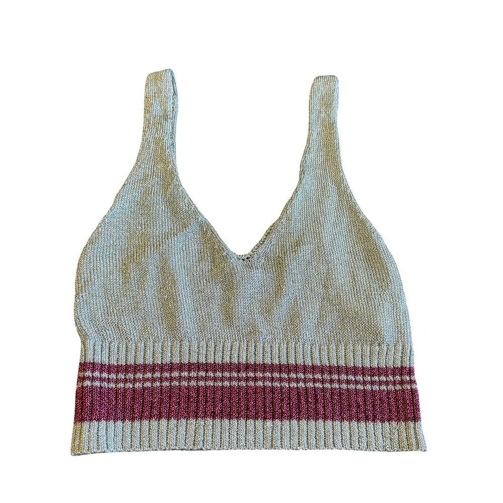 Topshop Silver Metallic Tank Top Crop Length Stretch Pink Stripe Size 6 Women's